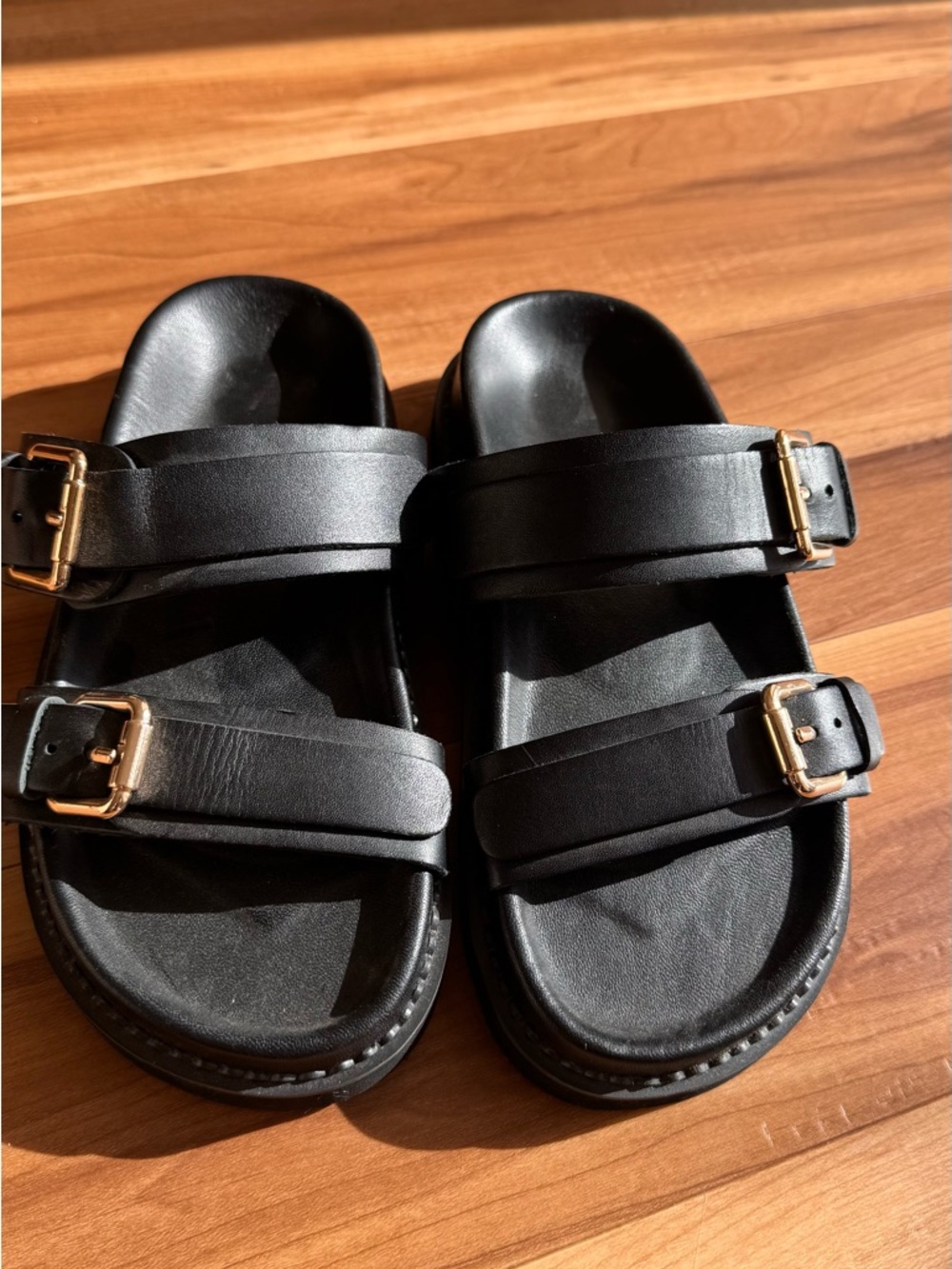 Brand New Liberte Leather Black Double-Buckle Slide Sandals with Gold Hardware
